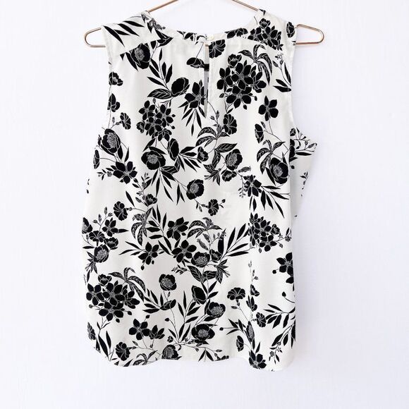Ann Taylor Back White Floral Print Keyhole Sleeveless Top Petite Large - Picture 1 of 7
